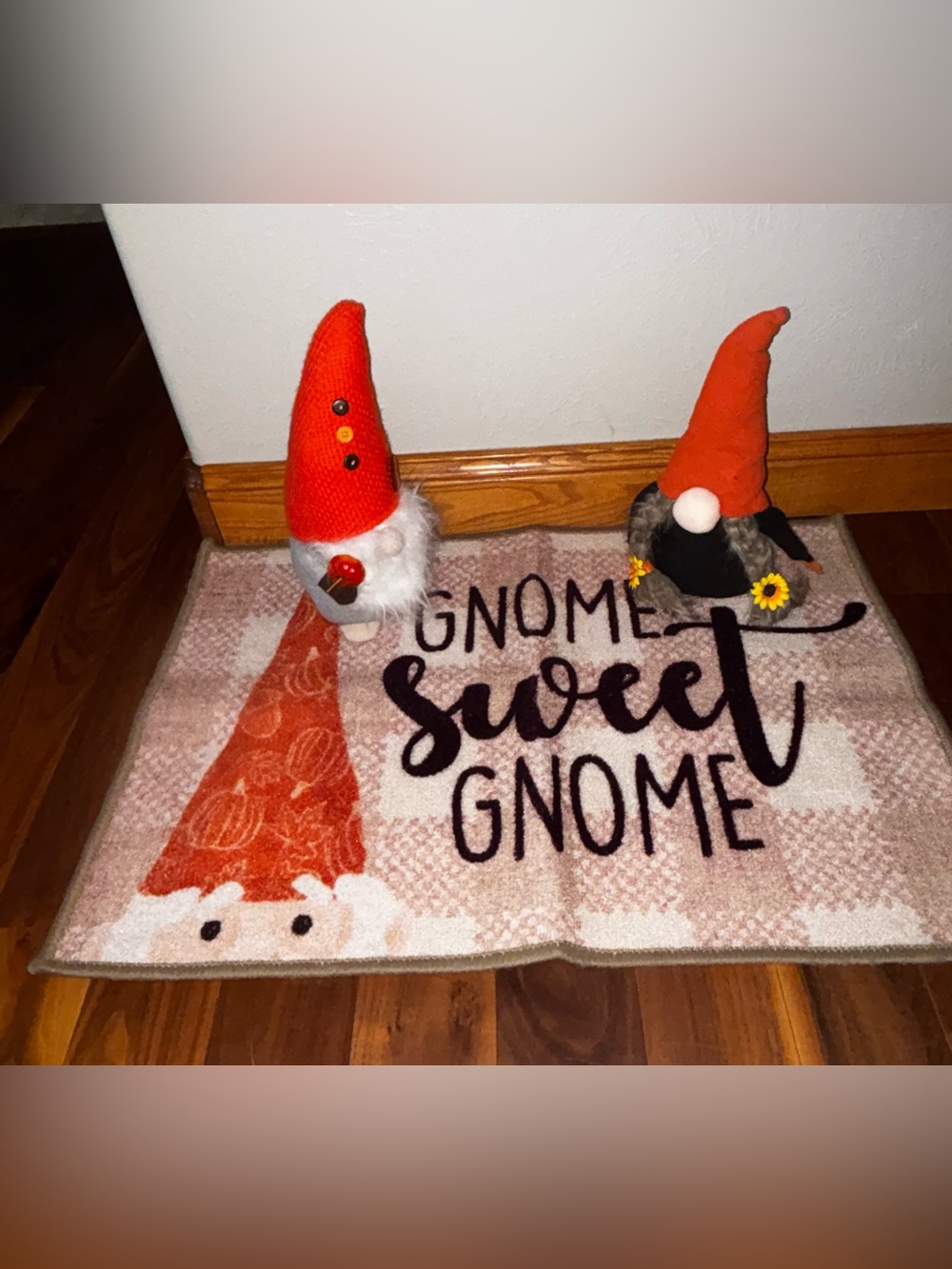 Festive Orange Gnome Door Mat and Gnome Figurine Set